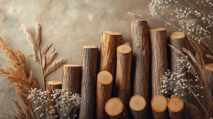 Poster - A rustic scene of pine logs stacked in a pile, emphasizing the texture and natural patterns of wood for a lumber background.