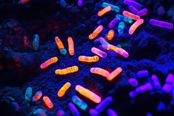 Aufkleber - Glowing bacteria emit vibrant colors under UV light in a dark environment. Generative AI