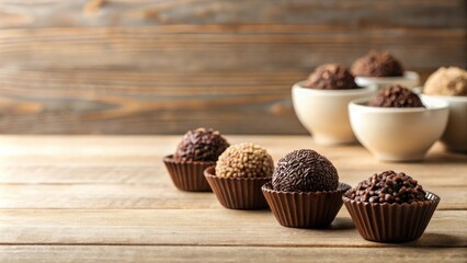 Poster - A delectable arrangement of assorted chocolate truffles in individual paper cups, displayed on a rustic wooden surface