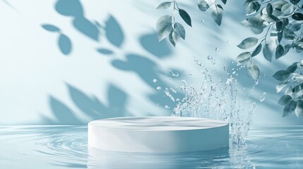Poster - A serene scene featuring a white round podium with soft leaf shadows and water splash effects on a light blue backdrop.