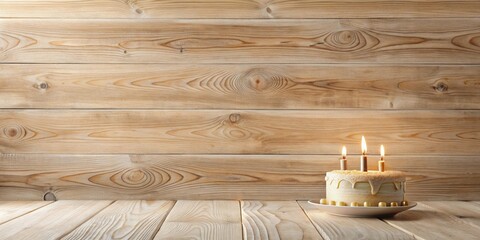 Poster - A Festive Birthday Cake with Three Lit Candles on a Wooden Table