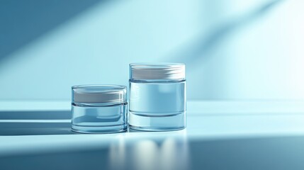 Poster - A set of blank, unbranded cosmetic jars and tubes on a calming blue background, ideal for spa and skincare product presentations.