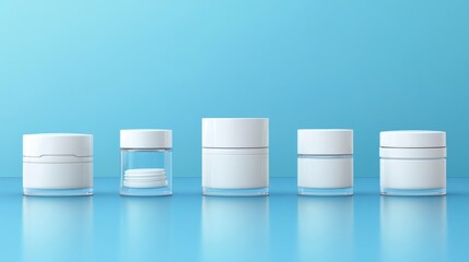 Poster - A set of blank, unbranded cosmetic jars and tubes on a calming blue background, ideal for spa and skincare product presentations.