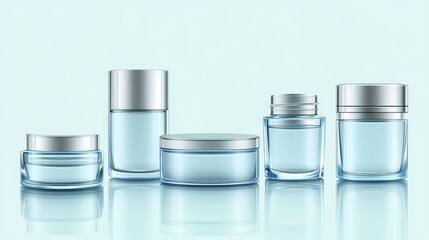 Poster - A set of blank, unbranded cosmetic jars and tubes on a calming blue background, ideal for spa and skincare product presentations.
