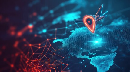 Poster - A sleek airplane flying through a geolocation icon over a digital world map, symbolizing global connectivity and travel technology.