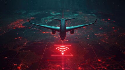 Poster - A sleek airplane flying through a geolocation icon over a digital world map, symbolizing global connectivity and travel technology.