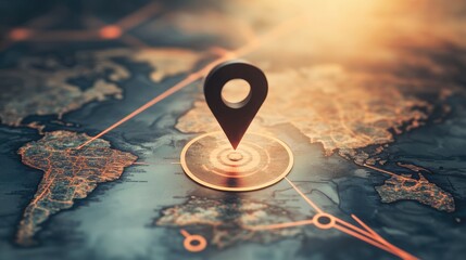 Poster - A sleek airplane flying through a geolocation icon over a digital world map, symbolizing global connectivity and travel technology.