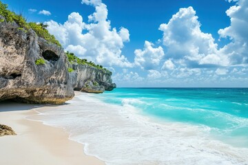 Wall Mural - White sand beach meets turquoise waves, dramatic cliffs. Ideal for travel, vacation, and summer themes; evokes relaxation and escape.