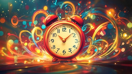 Wall Mural - Vibrant alarm clock amidst swirling colorful lights.