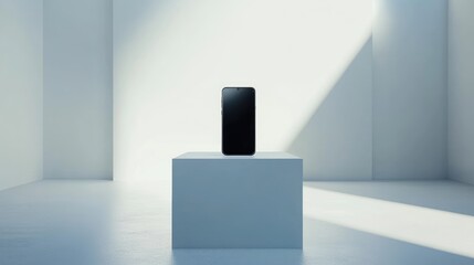 Poster - A sleek smartphone presented on a white podium with bright lighting in a clean, minimalist exhibition space, emphasizing modern design and innovation
