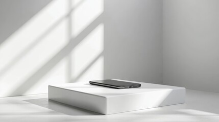 Poster - A sleek smartphone presented on a white podium with bright lighting in a clean, minimalist exhibition space, emphasizing modern design and innovation