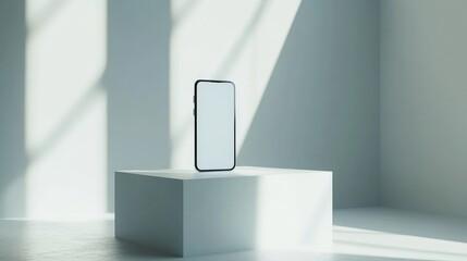 Poster - A sleek smartphone presented on a white podium with bright lighting in a clean, minimalist exhibition space, emphasizing modern design and innovation