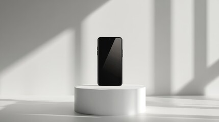 Aufkleber - A sleek smartphone presented on a white podium with bright lighting in a clean, minimalist exhibition space, emphasizing modern design and innovation
