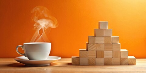 Fototapete - A steaming cup of coffee rests beside a pyramid of wooden blocks, symbolizing a morning break and the structure of a project.