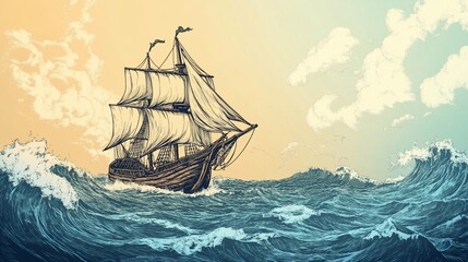  Sailing ship navigating stormy ocean waves at sunset.