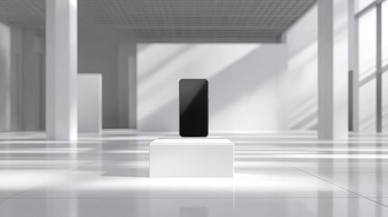 Aufkleber - A smartphone on a white podium in a modern, minimalist exhibition stand, designed to showcase digital technology in a clean and elegant interior space