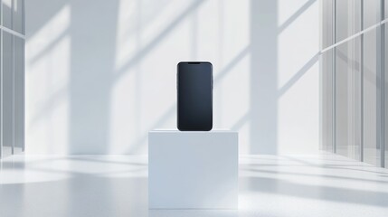 Aufkleber - A smartphone on a white podium in a modern, minimalist exhibition stand, designed to showcase digital technology in a clean and elegant interior space