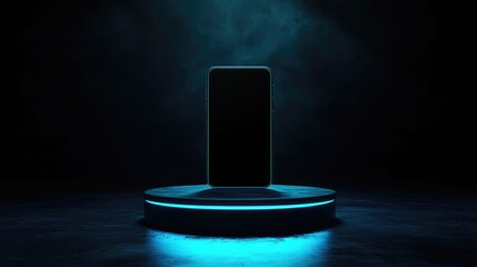 Aufkleber - A smartphone on an illuminated pedestal with a blank screen, contrasted by a dark background, emphasizing modern technological elegance and innovation