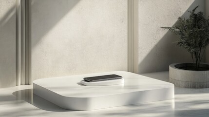 Aufkleber - A smartphone on a white podium in a modern, minimalist exhibition stand, designed to showcase digital technology in a clean and elegant interior space