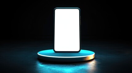 Aufkleber - A smartphone on an illuminated pedestal with a blank screen, contrasted by a dark background, emphasizing modern technological elegance and innovation