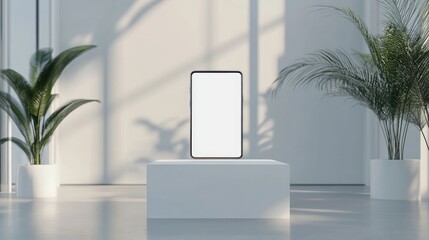 Poster - A smartphone with a blank screen displayed on a white podium at a modern exhibition stand, with a sleek and minimal interior design creating a high-tech atmosphere