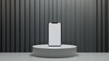 Aufkleber - A smartphone with a blank screen on a white podium, set against a sleek exhibition stand with a minimalistic design, perfect for technology mockups and displays