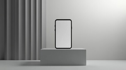 Aufkleber - A smartphone with a blank screen on a white podium, set against a sleek exhibition stand with a minimalistic design, perfect for technology mockups and displays