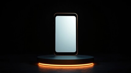 Aufkleber - A smartphone with a blank screen on an illuminated pedestal, set against a dark background, symbolizing modern technology and digital innovation