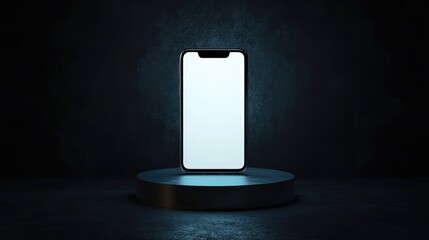 Aufkleber - A smartphone with a blank screen on an illuminated pedestal, set against a dark background, symbolizing modern technology and digital innovation