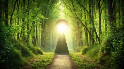 Poster - A sunlit path leads to a keyhole shaped portal in a vibrant green forest, symbolizing a journey of discovery and enlightenment.