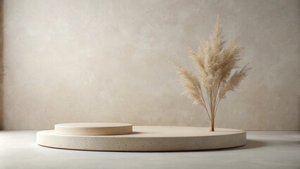 Leinwandbilder - Elegant Beige Concrete Display Platform with Dried Pampas Grass