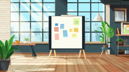 Poster - A spacious office with a flip chart and sticky notes, featuring a creative workspace with a modern loft style, large windows, and wooden floors.