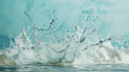 Poster - A splash of water with dynamic droplets against a light blue background, capturing the essence of freshness, movement, and energy.