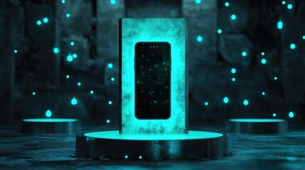 Poster - A vertical smartphone on a podium with glowing teal elements around it, symbolizing modern tech and innovation in a dynamic digital environment