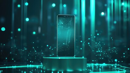 Poster - A vertical smartphone on a podium with glowing teal elements around it, symbolizing modern tech and innovation in a dynamic digital environment