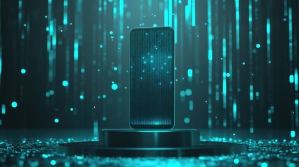 Poster - A vertical smartphone on a podium with glowing teal elements around it, symbolizing modern tech and innovation in a dynamic digital environment