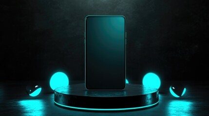 Aufkleber - A vertical smartphone with a blank display on a podium, surrounded by teal-colored glowing circular elements and set against a dark background