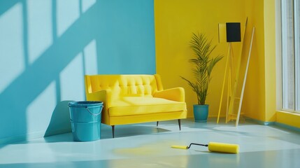 Poster - A vibrant interior with yellow furniture and a large paint roller and bucket, offering a modern and clean aesthetic with a light blue tone.