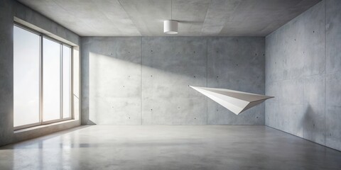 Poster - Modern minimalist interior design featuring a suspended geometric paper airplane sculpture in a spacious room with concrete walls and large window