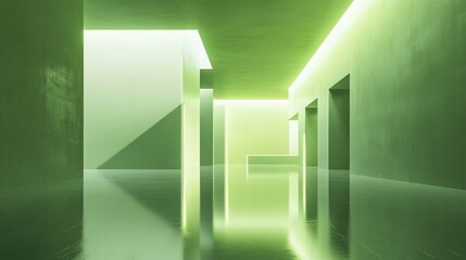 Poster - Abstract 3D geometric construction with glowing green light on reflective surfaces, minimalism and empty walls creating a futuristic, serene atmosphere