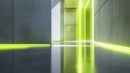 Poster - Abstract modern geometric construction with empty walls and glowing green light reflecting on a smooth surface, representing minimalism and futuristic design