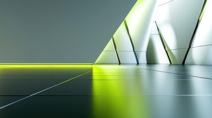 Poster - Abstract modern geometric construction with empty walls and glowing green light reflecting on a smooth surface, representing minimalism and futuristic design