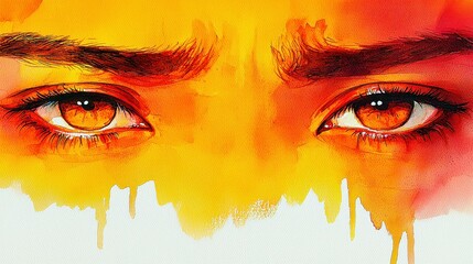 Poster - Eye-catching artwork featuring expressive orange eyes with vibrant watercolor splashes and abstract background in yellow and white hues