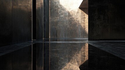 Poster - An abstract dark room with a reflective floor surface, symbolizing data leaks, digital security, and confidential information.