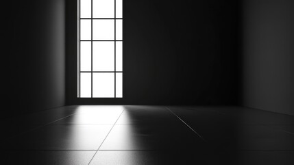 Poster - An abstract dark room with a reflective floor surface, symbolizing data leaks, digital security, and confidential information.