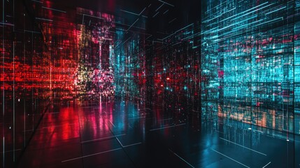 Poster - An abstract dark room with a reflective floor surface, symbolizing data leaks, digital security, and confidential information.