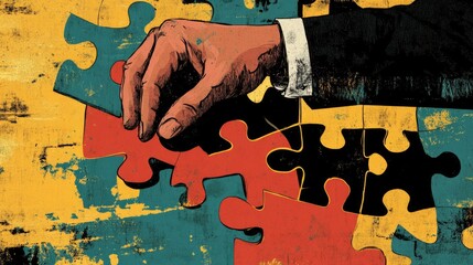 Poster - An abstract image of a businessman's hand fitting puzzle pieces, representing the journey toward finding solutions and success.