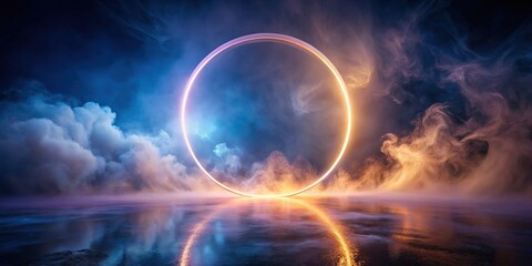 Poster - Illuminated Circular Frame in a Dreamlike Foggy Landscape