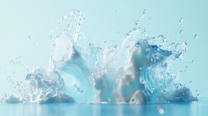 Poster - An energetic water splash with dynamic droplets on a light blue backdrop, representing freshness and vitality in an artistic generative AI rendering.