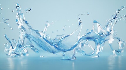 Poster - An energetic water splash with dynamic droplets on a light blue backdrop, representing freshness and vitality in an artistic generative AI rendering.